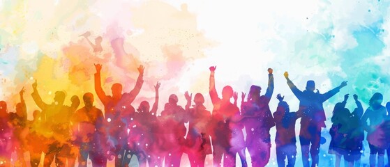 Vibrant watercolour illustration depicting an energetic crowd celebrating together against a colourful background, symbolising unity and joy.