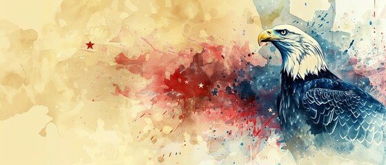 Watercolor painting of a bald eagle with vibrant splashes of red, white, and blue on a textured background.