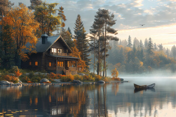 Fototapeta premium nature retreats, tranquil lakeside cabin nestled among tall trees, where birds chirp, embodying the peacefulness of country life