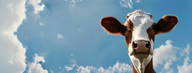 Funny cow looking into the camera, concept of dairy or meat products. Suitable for agriculture or food industry usage.