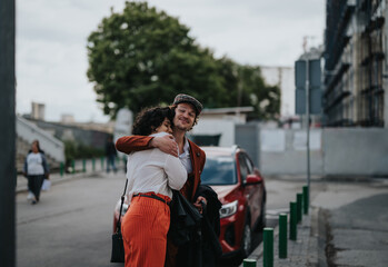 Joyful couple embracing on an urban street, radiating happiness. Captures the essence of friendship and togetherness with a car and urban backdrop.