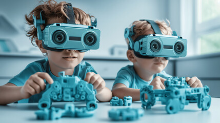 Two young children wearing virtual headsets sit at a table, exploring a virtual world together