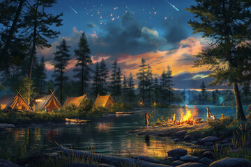 Obraz premium Tents set up near a lake or in a forest. Include a campfire with people roasting marshmallows, children exploring nature, and a starry night sky as the backdrop.