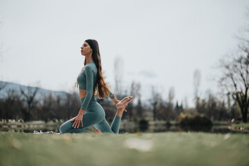 A mindful young woman in athletic wear engages in a yoga pose, enhancing her fitness and well being in a peaceful park setting.