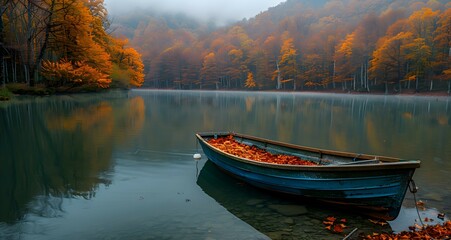 A nature lake scene with a small boat gently floating on the water, surrounded by vibrant fall colors