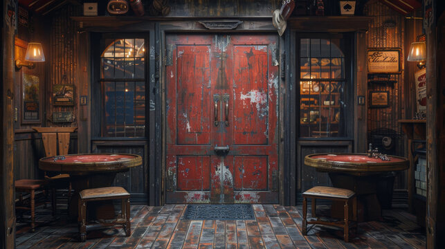 vintage saloon with swinging doors, center poker table wild west concept banner design