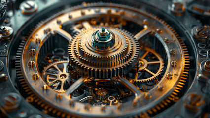 Obraz premium detailed macro photo of steampunk gears and cogs, metallic and intricate design, closeup, wide 16:9