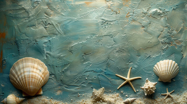 oceanic cyanotype art, unique cyanotype print of seashells starfish on textured background, perfect for beach-themed projects or decor with an artistic touch