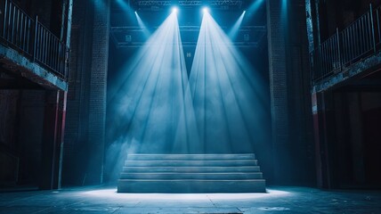 Empty theater stage with dramatic blue lighting and smoke