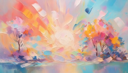 An artistic gentle colorful background with flowers painted by a palette knife