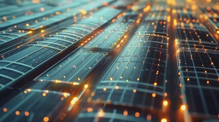 Solar power harnesses sunlight for electricity, shown in a closeup shot of a stateoftheart solar panel array, detailed with futuristic technology
