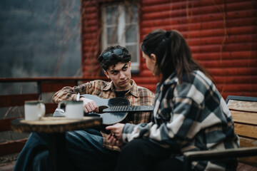 Two young adults engaged in a relaxed conversation outdoors, with a guitar and coffee on a table, by a wooden cabin.
