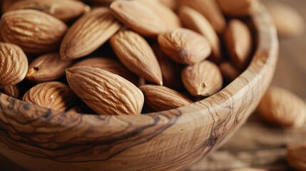 Close up of raw dried almonds in a wooden bowl