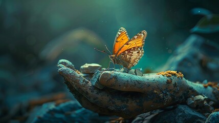 Surreal scene of butterfly alighting on a crumbling stone hand