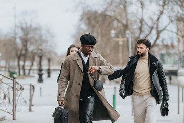 Stylish business individuals in winter attire walking in an urban environment. One of them is glancing at his watch, indicating punctuality or time consciousness.
