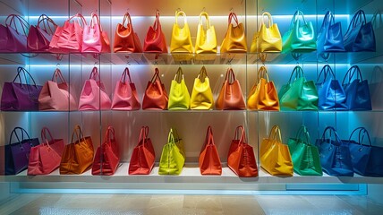 Shopping spree results with bags in rainbow colors on display