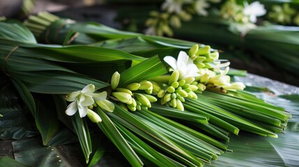 Fototapeta premium Flowers and sliced pandan leaves for decorating tombs or funerals
