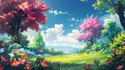 Fototapeta premium Soft focus on lush greenery with few tree silhouettes and scattered flowers