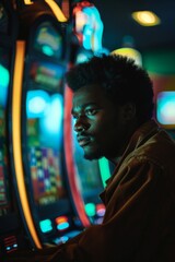 Obraz premium African man enjoying playing slot machines at casino
