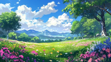 Obraz premium Sun-kissed emerald expanse dotted with trees and wildflowers in bloom