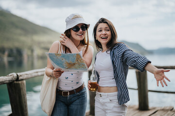 Two happy women sightseers holding a map and a beverage, sharing a laugh on a sunny lakeside holiday.