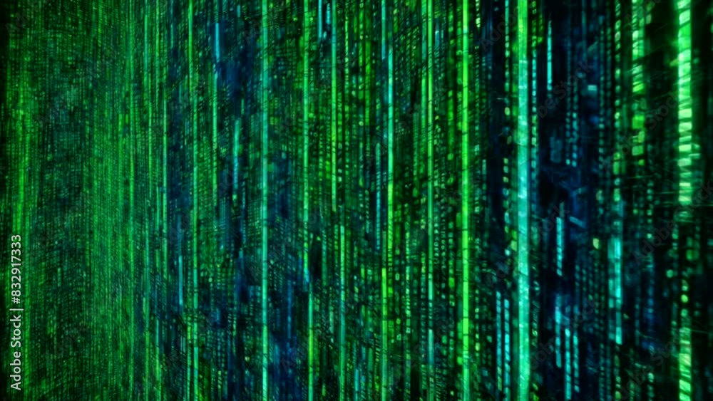 Poster a green and blue image of a computer screen with a lot of lines and numbers. concept of technology a