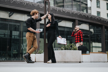 Obraz premium Business partners engaged in a meeting outside with corporate buildings in the background, exemplifying teamwork and partnership.