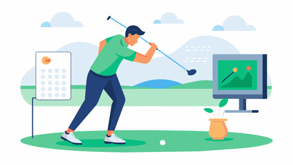 A player perfecting their swing in a serene virtual golfing environment with targeted feedback on their stance and technique.. Vector illustration