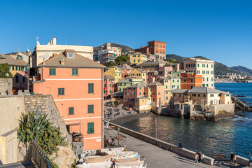 Scenic view of Boccadasse with charming colorful houses overlooking the sea, Genova, Italy
