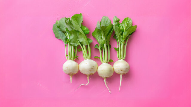 AI-generated illustration of multiple turnips on a pink background with green leaves