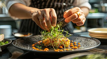 A chef carefully plating on a stylish ceramic plate, garnished with fresh herbs.