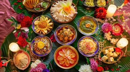 Fototapeta premium A colorful spread of with traditional Thai decorations.