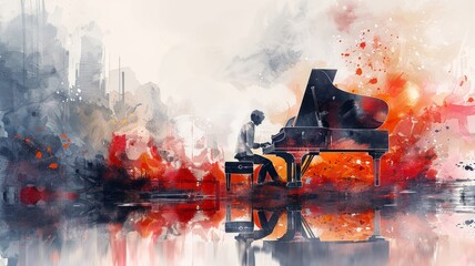 Creative watercolor depiction of guitar and piano in concert