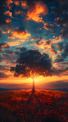 A nature moor scene with a lone tree silhouetted against the setting sun, the sky glowing with vibrant colors