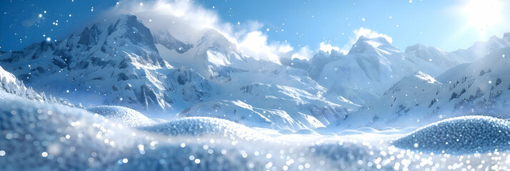 A nature mountain covered in fresh snow, the clear blue sky contrasting with the white landscape