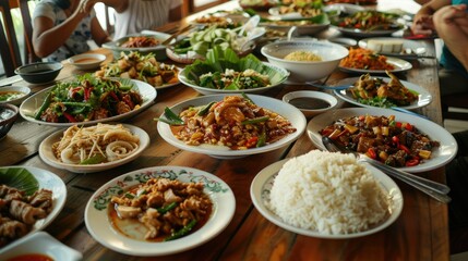 Fototapeta premium A table full of traditional Thai dishes, with and as the centerpiece.
