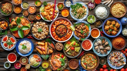 Fototapeta premium A traditional Thai feast featuring surrounded by an array of local dishes.