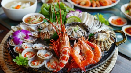 A traditional Thai seafood platter withand accompanied by