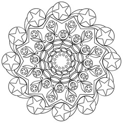 intricate black and white mandala design features a captivating blend of geometric and floral patterns. Madala drawing art