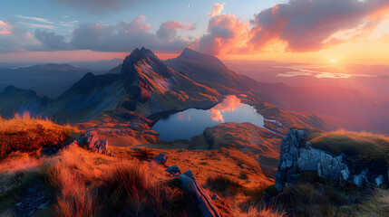 Fototapeta premium A nature mountain during sunset, the sky ablaze with colors, and the mountains casting long shadows