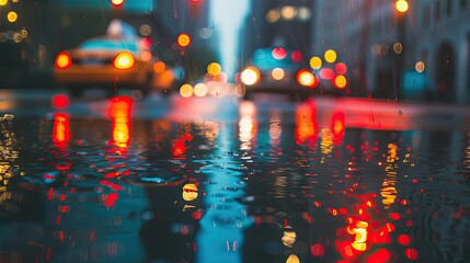 Luminescent neon lights reflecting in rain-soaked city streets at dusk