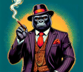 A stylish gangster gorilla in a suit and smoking a cigar