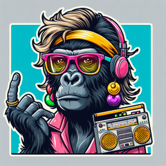 A cool female gorilla with colored glasses and a radio in 80s style pop art