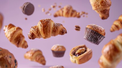assorted bakery items, croissants, bread rolls, and muffins, suspended in mid-air