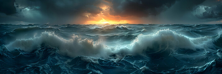 A nature ocean during a storm, with dark clouds and powerful waves