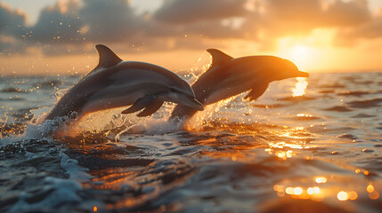 A nature ocean scene with a pod of dolphins leaping out of the water, the sun setting in the background