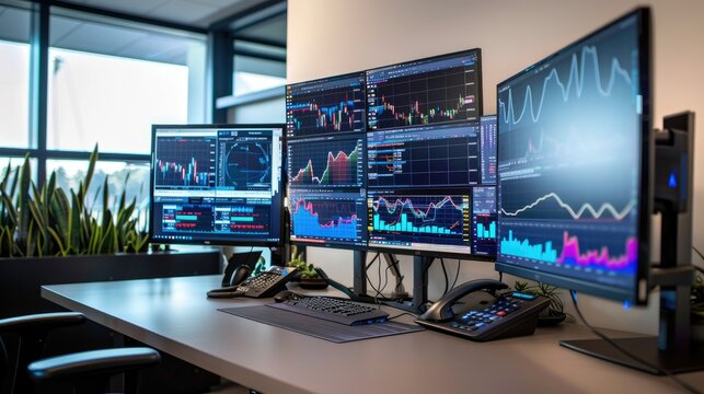 Office space with multiple monitors showing live trading graphs and market data