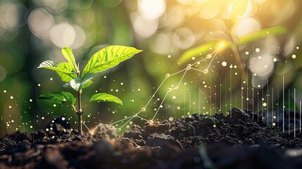 Seedling in soil with a digital graph indicating increasing market value