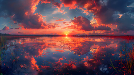 A nature peatland during sunset, the sky ablaze with colors, and the water reflecting the hues