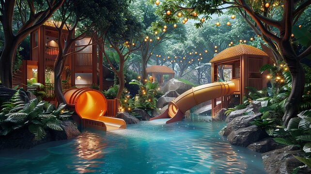 Tropical waterpark oasis with lush greenery and waterslides